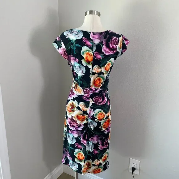 Artelier Nicole Miller Womens 10 Knit Floral Ruched Cap Sleeve Bodycon Dress - Picture 4 of 9